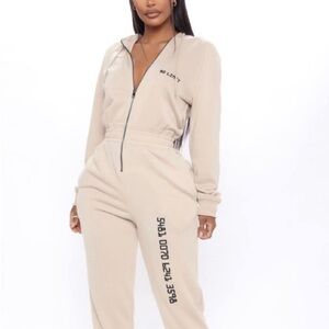 Fashion Nova Cream Zip-Up Jumpsuit